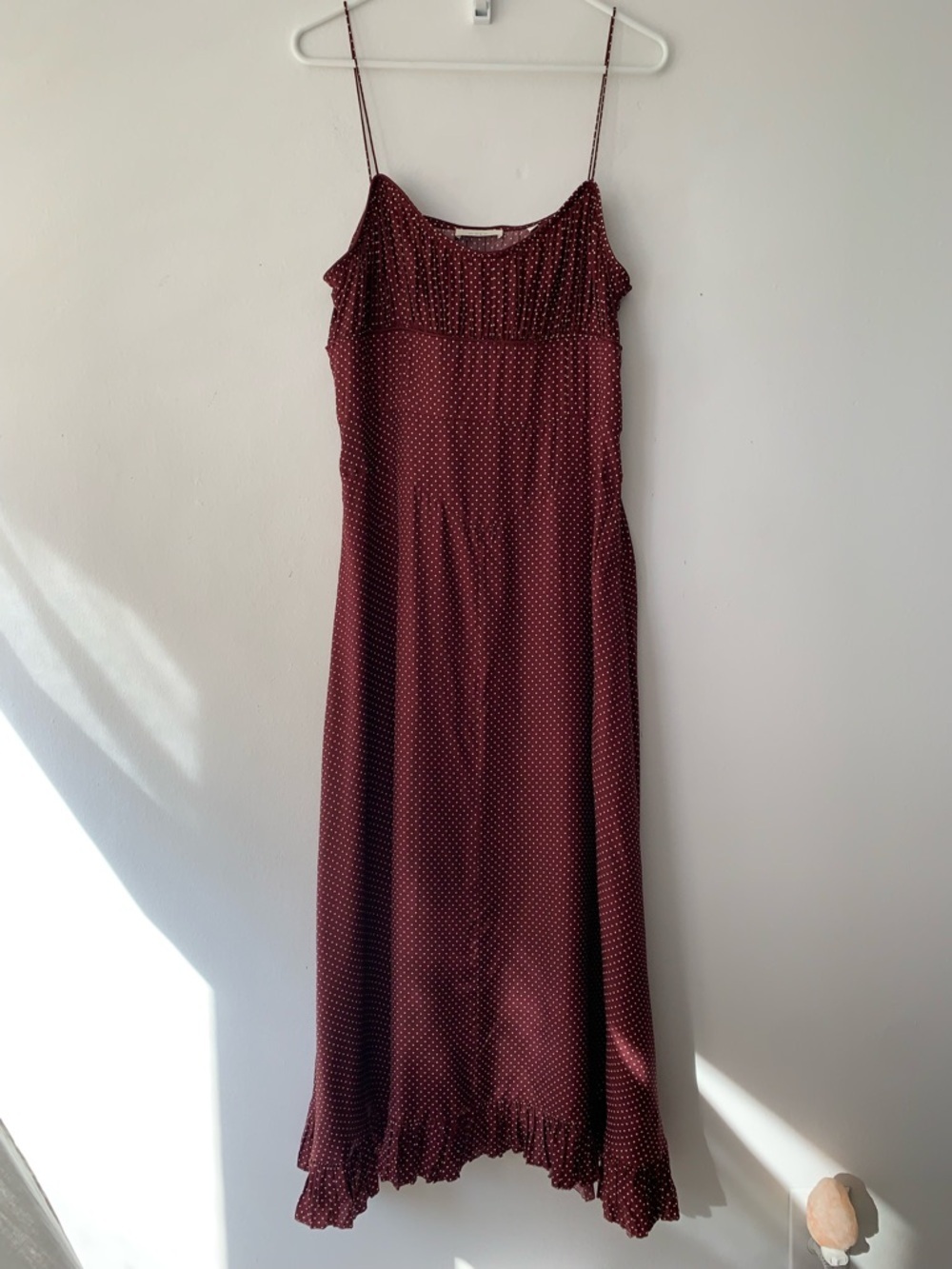 Doen Rosaria Silk Ruffle Ruched Midi Maxi Dress Burgundy Colette Dot Polka - Picture 3 of 10